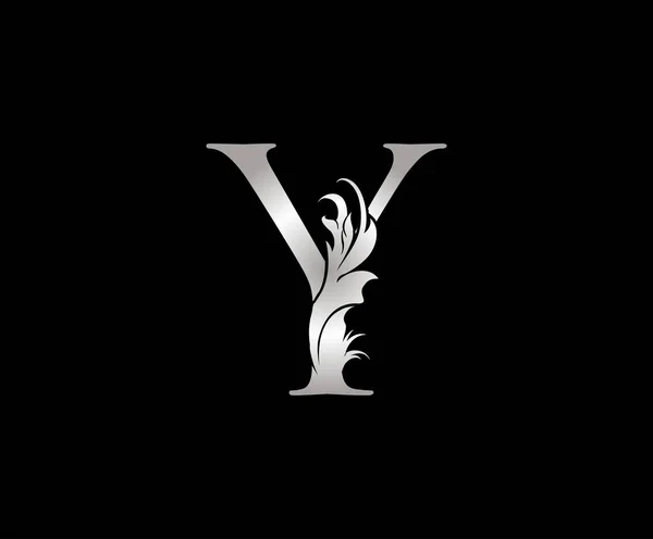 豪华首字母Y标志银色图标矢量 古色古香设计概念花卉叶有字母 — 图库矢量图片