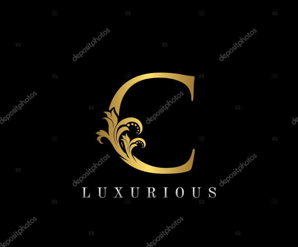 Elegant Gold C Letter Floral logo. Vintage classic ornate letter vector.