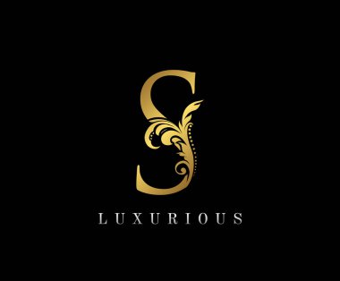 Zarif Altın S Harfi Çiçek logosu. Klasik süslemeli harf vektörü.