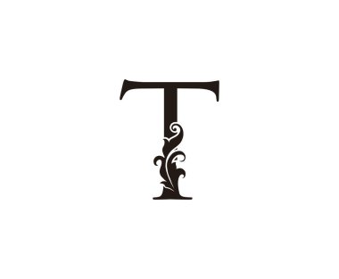Klasik T Harfi Logosu. Butik, Mücevher, Güzellik Salonu, Kozmetik, Kaplıca, Otel ve Restoran Logosu için Klas Yaprak Şekli Siyah Mektup Tasarımı Mükemmel.