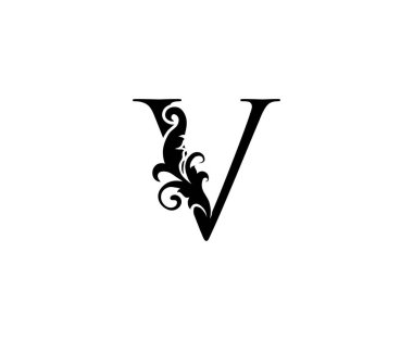 Klasik V harfli logo. Butik, Mücevher, Güzellik Salonu, Kozmetik, Kaplıca, Otel ve Restoran Logosu için Klas Yaprak Şekli Siyah Mektup Tasarımı Mükemmel.