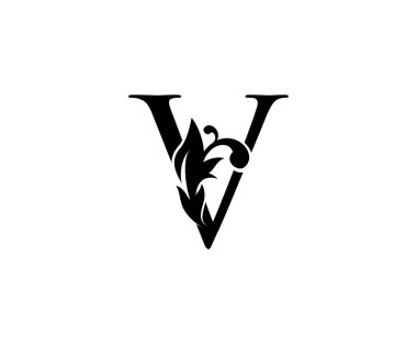 Klasik V harfli logo. Butik, Mücevher, Güzellik Salonu, Kozmetik, Kaplıca, Otel ve Restoran Logosu için Klas Yaprak Şekli Siyah Mektup Tasarımı Mükemmel.