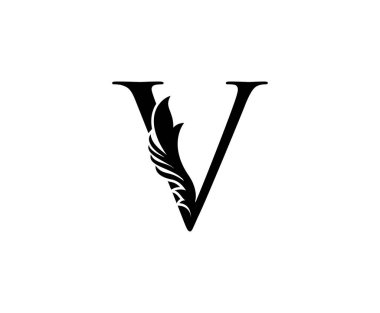 Klasik V harfli logo. Butik, Mücevher, Güzellik Salonu, Kozmetik, Kaplıca, Otel ve Restoran Logosu için Klas Yaprak Şekli Siyah Mektup Tasarımı Mükemmel.