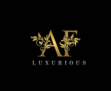 Altın renkli AF harfleri. Zarif kraliyet tarzı. Güzel kaligrafik logo. Kitap tasarımı için klasik amblem, yabani otlar, marka adı, kartvizit, restoran, butik, otel.