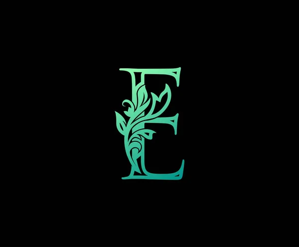 自然の葉の手紙Eロゴ 緑と花の手描き文字デザインベクトル — ストックベクタ