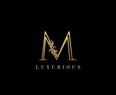 M harfi altın rengi lüks güzellik, süs eşyası logosu butik, düğün davetiyesi, restoran, otel için mükemmel..
