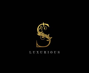 S harfi altın rengi lüks güzellik, süs eşyası logosu butik, düğün davetiyesi, restoran, otel için mükemmel..