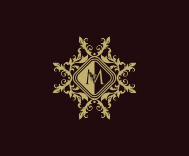 Lüks logo tasarımı M. Zarif harflerle gösterişli. Kenar oymalı çerçeve logosu şablonu. Vintage vektör ögesi.
