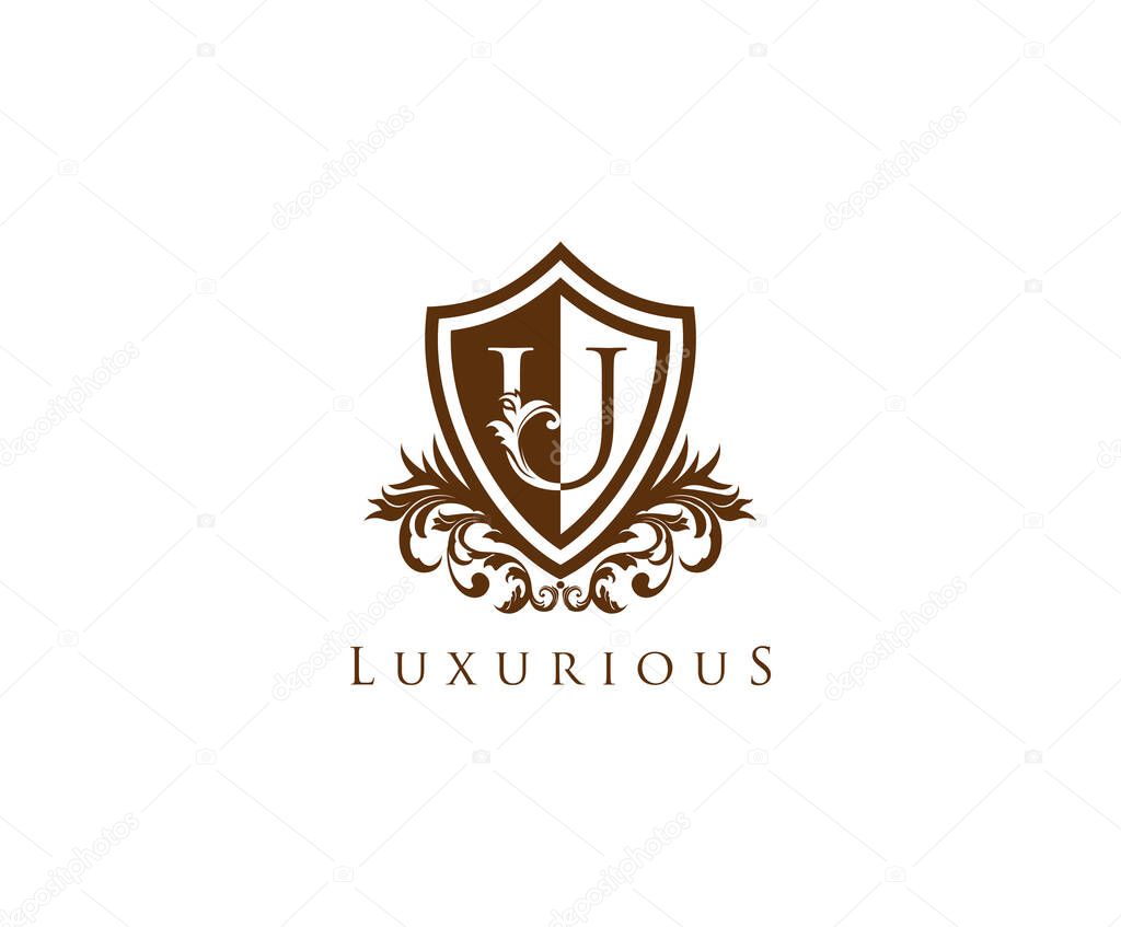 Vintage Letter U Logo. Shield U Letter Design Vector with shield shape and Floral Hand Drawn.