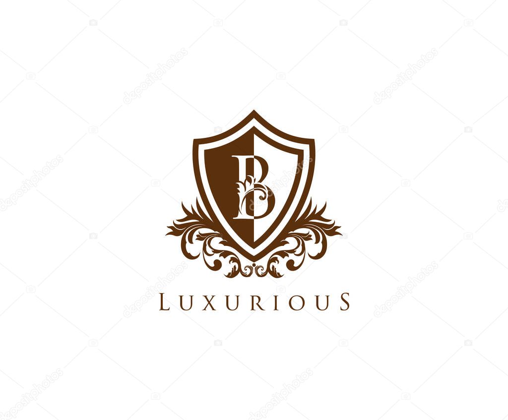 Vintage Letter B Logo. Shield B Letter Design Vector with shield shape and Floral Hand Drawn.