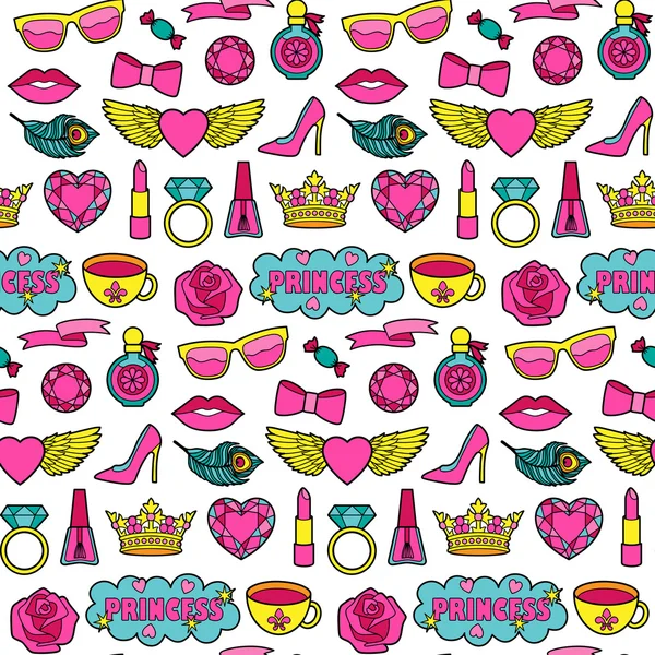 Princess Fashion Patches Seamless Pattern — ストックベクタ
