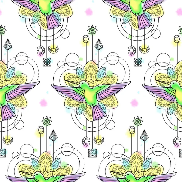 蜂鸟水彩无缝模式 — 图库矢量图片