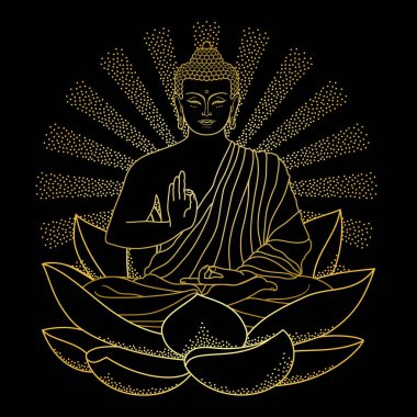 Işık demeti ile Lotus üzerinde oturan altın Buddha