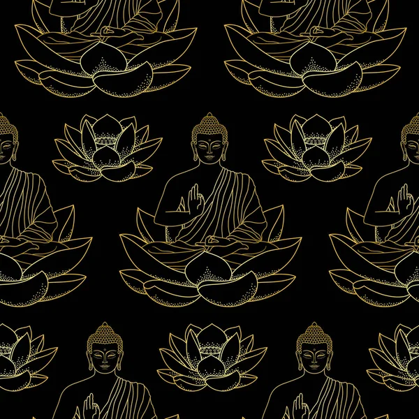 Gold Buddha sitting on Lotus Seamless Pattern — Stock Vector