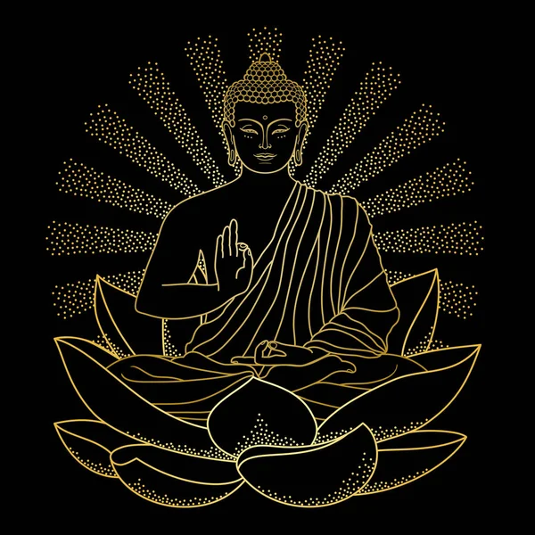 Gold Buddha sitting on Lotus with beam of light — Stock Vector