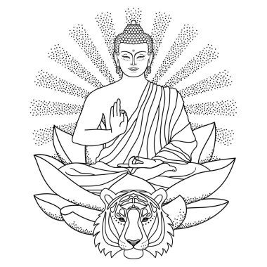 Işık ve kaplan ile Lotus üzerinde oturan Buda