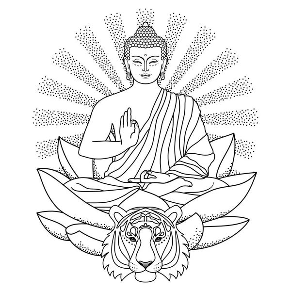 Buddha sitzt auf Lotus mit Licht und Tiger — Stockvektor