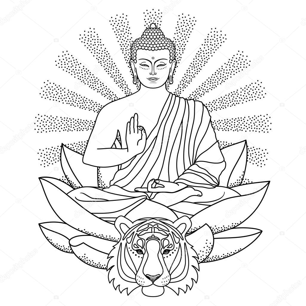 Buddha sitting on Lotus with light and Tiger