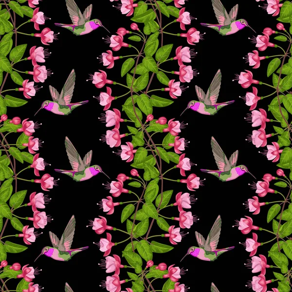 Fuchsia and Hummingbird Seamless Pattern — Stock Vector