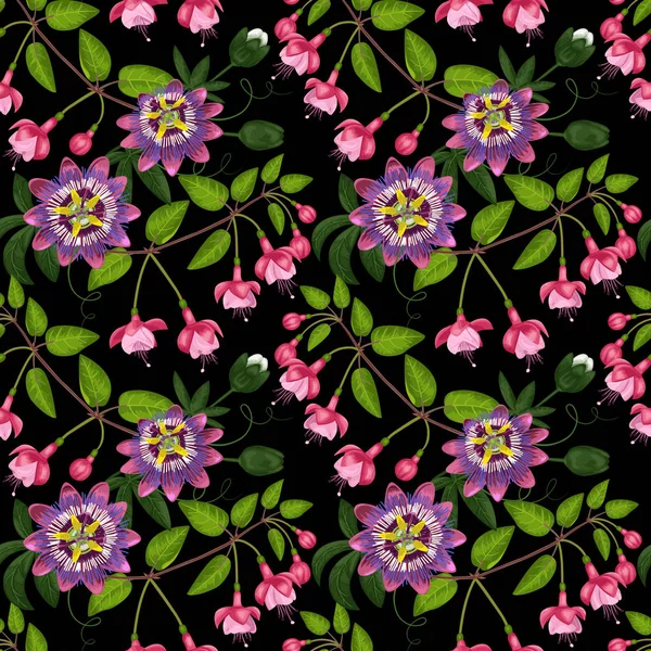 Fuchsia et Passiflora Modèle sans couture — Image vectorielle