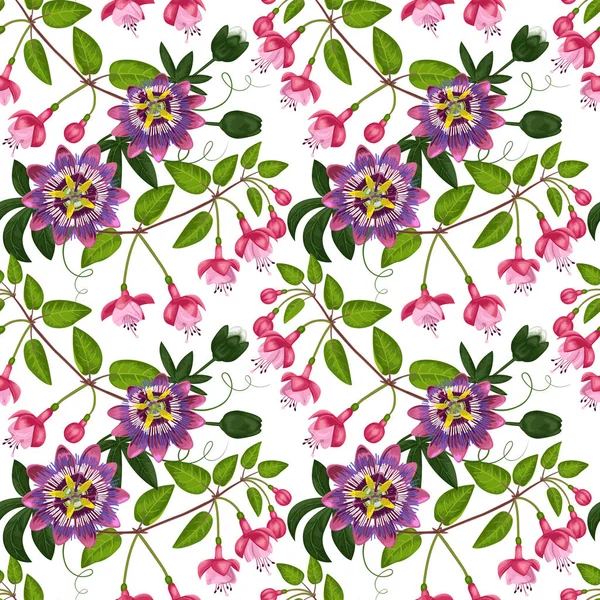 Passiflora és fukszia Seamless Pattern — Stock Vector