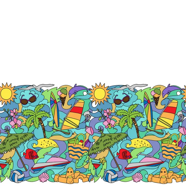 Doodle Summer Beach Fronteira sem costura — Vetor de Stock