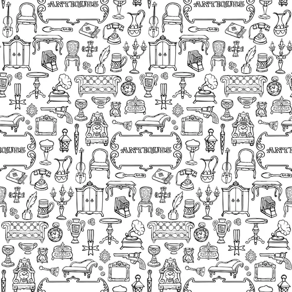 Antiques Doodle Seamless Pattern — Stock Vector