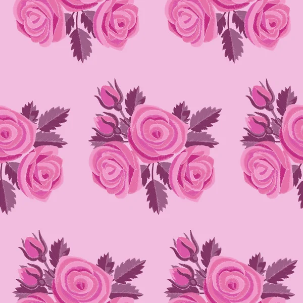 핑크 로즈 자 수 완벽 한 패턴 — 스톡 벡터