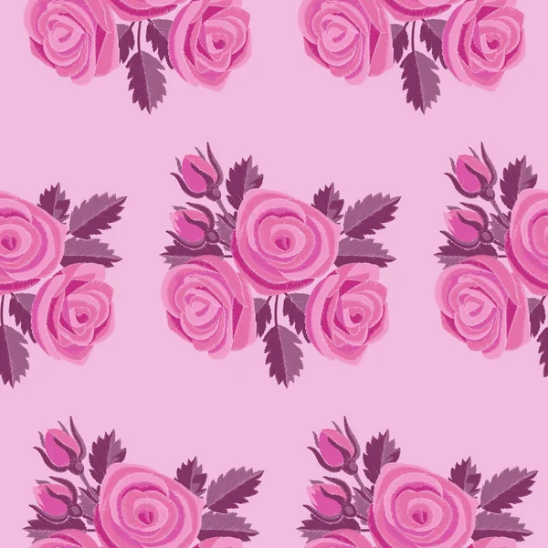 Pink Rose Embroidery Seamless Pattern — Stock Vector