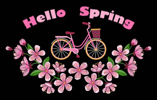 Bisiklet ve kiraz çiçeği nakış deseni — Stok Vektör