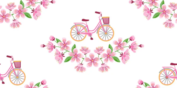 Modèle sans couture de broderie de vélo et de fleur de cerisier — Image vectorielle