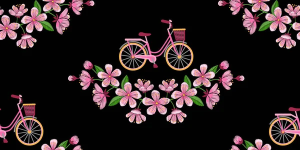 Bike and Cherry Blossom Embroidery Seamless Pattern — Stock Vector