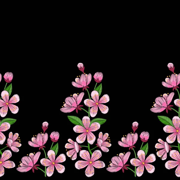 Bordado de flor de cerezo sin costura Frontera — Vector de stock