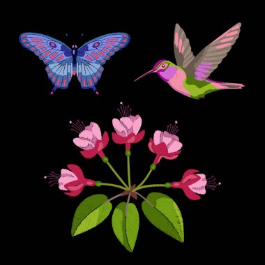 Fuşya, sinek kuşu ve kelebek nakış seti