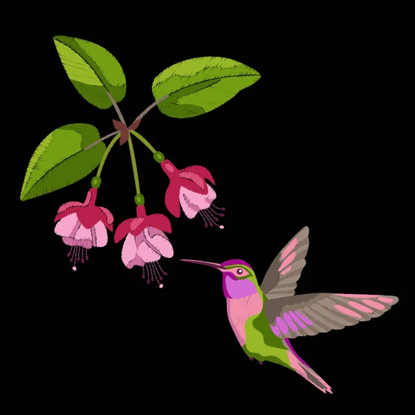 Fuchsia och hummingbird broderi — Stock vektor