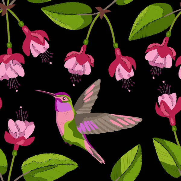 Fuchsia and hummingbird embroidery seamless pattern — Stock Vector