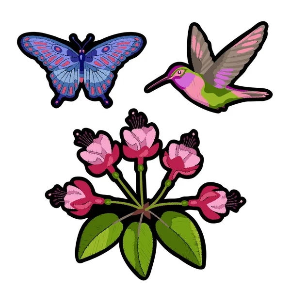 Conjunto de parches de bordado fucsia, colibrí y mariposa — Vector de stock