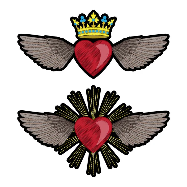 Ensemble de patchs de broderie coeur et ailes — Image vectorielle