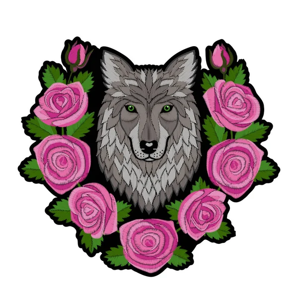 Вышивка Wolf and Roses Patch — стоковый вектор