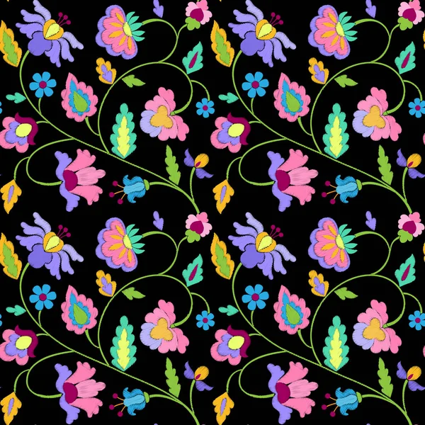 Fantasie Blumen Stickerei nahtloses Muster — Stockvektor