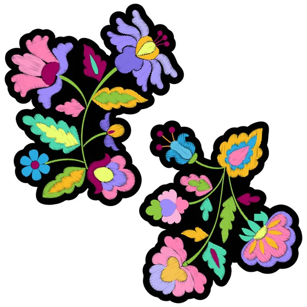 Conjunto de parches de bordado de flores de fantasía — Vector de stock