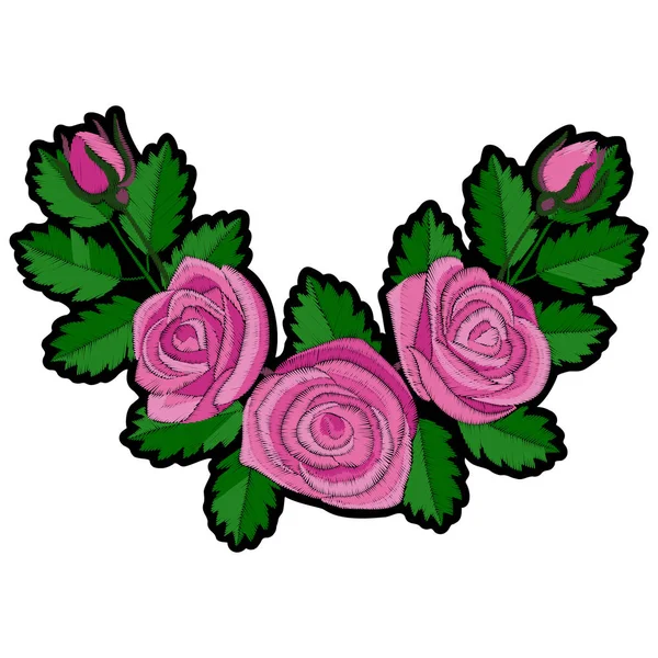 Pink Rose Corner Embroidery Patch — Stock Vector