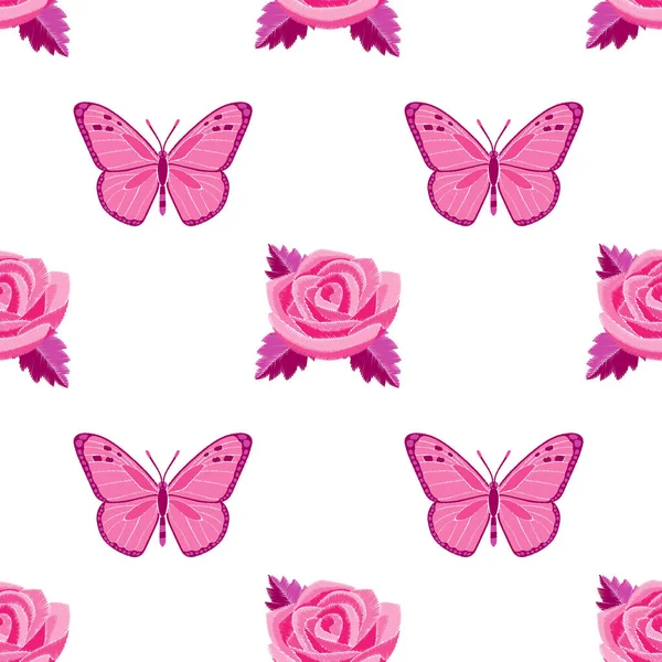 バラと蝶の刺繍のシームレス パターン — ストックベクタ
