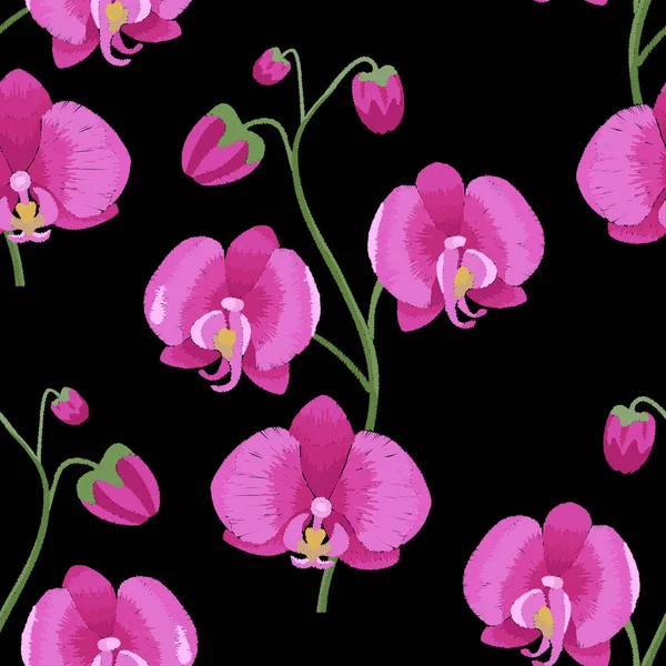 Patrón sin costura bordado de rama de orquídea rosa — Vector de stock