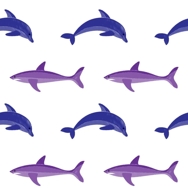 Dolfijnen en haaien borduurwerk naadloze patroon — Stockvector