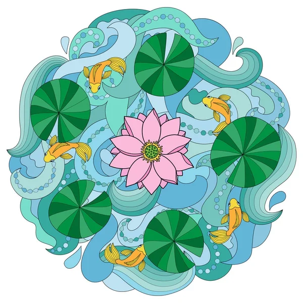 Lotus ve dalga arka plan üzerinde balıklar — Stok Vektör