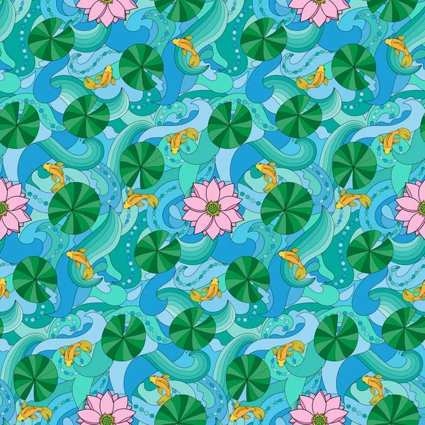 Lotus and fishes seamless pattern — Stock Vector