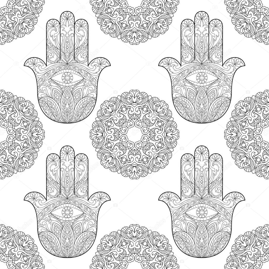 Hand of Fatima with Mandala Seamless Pattern