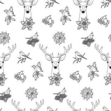 Geyik ve kuşlar ile kış anahat Seamless Modeli