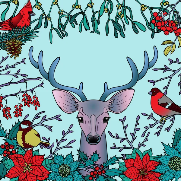 Зимний красочный узор с оленями и птицами — стоковый вектор
